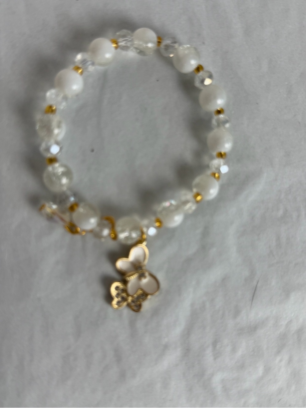 Gold Butterfly Charm White Beaded Bracelet